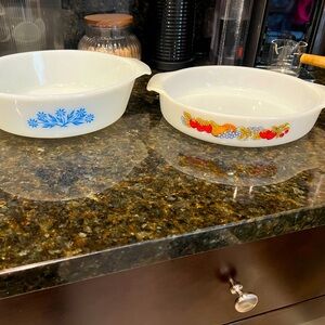 Anchor Hocking Vintage White Bowls with Blue and Fruit Designs